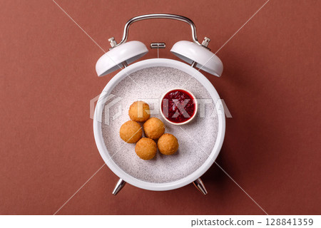 Cheese balls, croquettes fried, breaded fast food with sauce. Concept of time to eat fast food Cheese balls, croquettes fried, breaded fast food with sauce. Concept of time to eat fast food 128841359