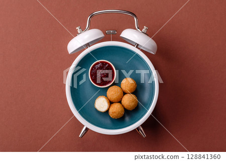 Cheese balls, croquettes fried, breaded fast food with sauce. Concept of time to eat fast food Cheese balls, croquettes fried, breaded fast food with sauce. Concept of time to eat fast food 128841360