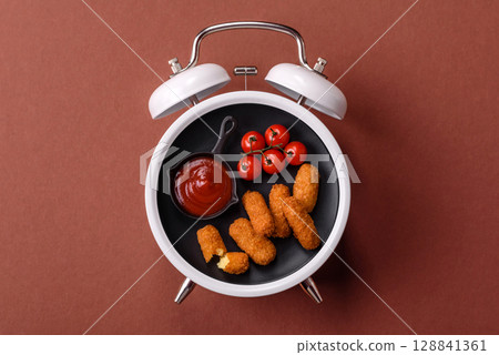 Cheese sticks, mozzarella fried, fast food breaded with sauce. Concept of time to eat fast food 128841361