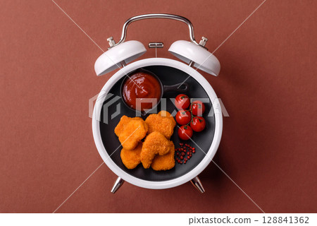 Chicken nuggets, crispy fried food with sauce. Fast food concept Chicken nuggets, crispy fried food with sauce. Fast food concept 128841362