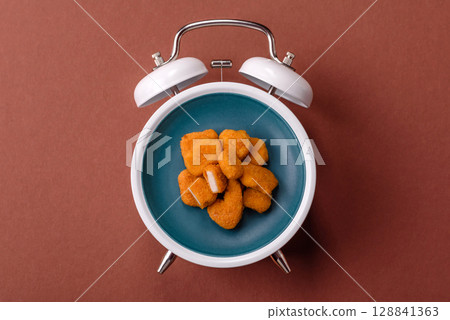 Chicken nuggets, crispy fried food with sauce. Fast food concept Chicken nuggets, crispy fried food with sauce. Fast food concept 128841363