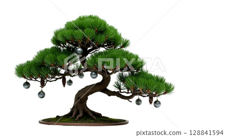 A beautifully crafted bonsai tree features dense, vibrant green needles adorned with ornaments, representing a festive touch perfect for the Christmas season. 128841594