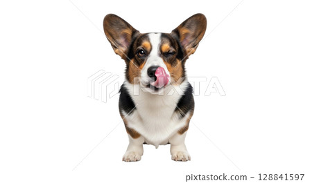 This Cardigan Welsh Corgi dog displays a charming character as it closes one eye while licking its nose. Its playful demeanor is captured perfectly against a transparent background. 128841597