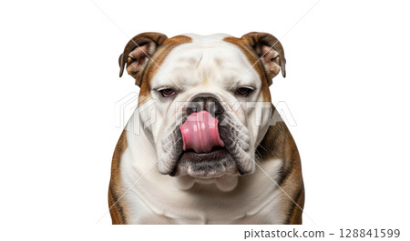 An adorable English Bulldog is caught in a playful moment, closing one eye while licking its nose with its tongue. The charming dog has a full-length view against a clear backdrop. 128841599