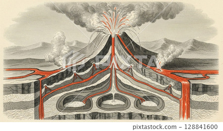 Detailed engraving reveals the inner workings of an active volcano, featuring magma chambers, lava flows, and eruption activity amidst a mountainous backdrop, emphasizing geological processes. Detailed engraving reveals the inner workings of an active volcano, featuring magma chambers, lava flows, and eruption activity amidst a mountainous backdrop, emphasizing geological processes. 128841600