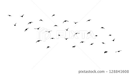 Flying birds silhouette flock. hand drawing. Not AI. Vector illustration 128841608