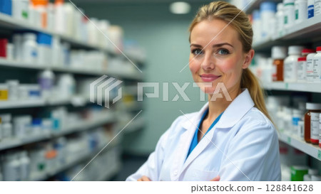 Professional portrait of a qualified blonde pharmacist in a white medical coat standing between well-stocked pharmacy shelves with a medicines assortment 128841628
