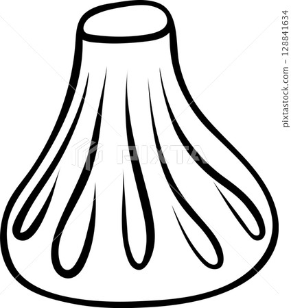 Simple black and white vector icon of Georgian khinkali dumpling, hand-drawn style with visible dough pleats and meat filling, isolated on white for versatile use in design projects 128841634