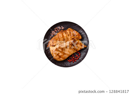 Chicken breast, grilled fillet, meat meal on a plate 128841817