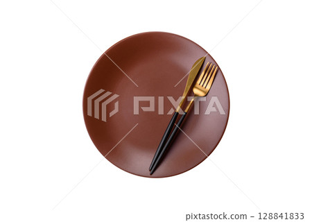 Empty plate with utensils as a conceptual background for lunch, breakfast, meal 128841833