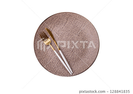 Empty plate with utensils as a conceptual background for lunch, breakfast, meal Empty plate with utensils as a conceptual background for lunch, breakfast, meal 128841835