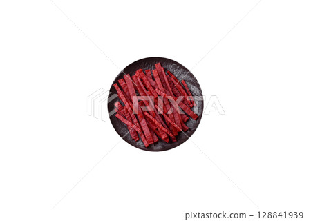 Jerky or dried chicken and cherry snacks. Dehydrated, dried snacks for beer Jerky or dried chicken and cherry snacks. Dehydrated, dried snacks for beer 128841939