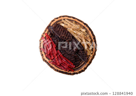 A set of jerky or snacks of beef, chicken and fish with salt and spices A set of jerky or snacks of beef, chicken and fish with salt and spices 128841940