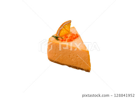 A slice of yellow cheesecake cake flavored with lemon and passion fruit A slice of yellow cheesecake cake flavored with lemon and passion fruit 128841952