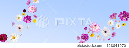 Floral summer autumn banner with flying flowers on a blue background. Floral Greeting card for Happy Mother's Day, happy Easter, happy birthday. 128841970