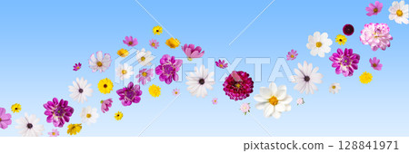 A flower card with cosmos, dahlias, and marigolds flying on a blue background for Happy Mother's Day, happy Easter, happy birthday. 128841971