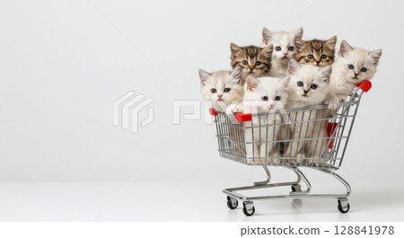 Adorable kittens in a shopping cart. Pet adoption and shopping for pets. 128841978