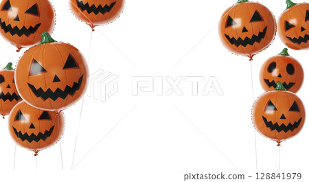 Festive jack-o-lantern shaped balloons floating on white. Halloween party decor. 128841979