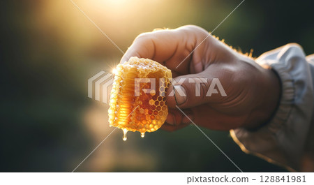 Hand holding raw honeycomb dripping with golden honey against sunlit nature. Bee products. 128841981