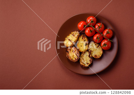 Food, potatoes cut in halves or slices grilled. Cooked baked potatoes 128842098