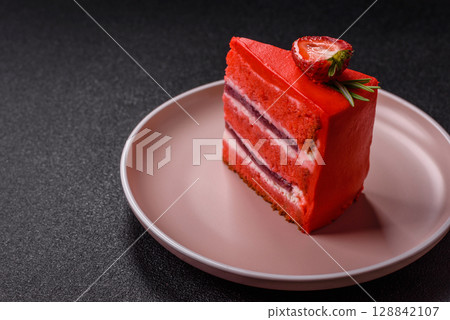 A piece of red velvet cake as a food background. Sweet pastries for celebration A piece of red velvet cake as a food background. Sweet pastries for celebration 128842107