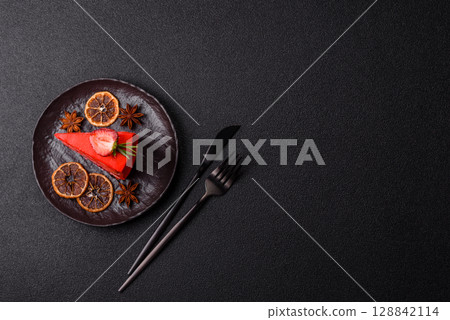 A piece of red velvet cake as a food background. Sweet pastries for celebration A piece of red velvet cake as a food background. Sweet pastries for celebration 128842114