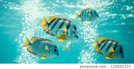 Tropical striped fish swim. Marine animals float underwater ocean style. Aquarium pet biology travel wallpaper. Turquoise background photography  128842133
