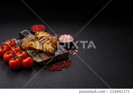Food, potatoes cut in halves or slices grilled. Cooked baked potatoes 128842171