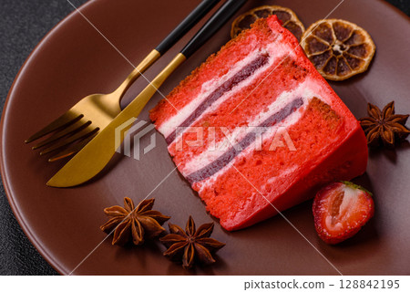 A piece of red velvet cake as a food background. Sweet pastries for celebration A piece of red velvet cake as a food background. Sweet pastries for celebration 128842195