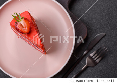 A piece of red velvet cake as a food background. Sweet pastries for celebration A piece of red velvet cake as a food background. Sweet pastries for celebration 128842211