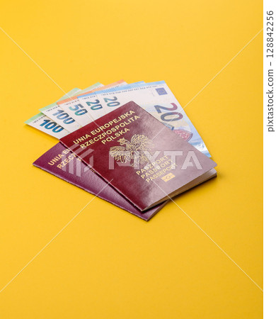 Poland passport for travelling, flying and doing business. Polish document, id 128842256