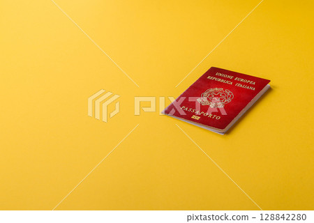 Italy passport for travelling, flying and doing business. Italian document, id Italy passport for travelling, flying and doing business. Italian document, id 128842280