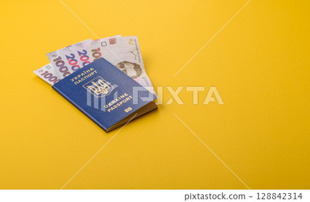 Ukrainian passport for travelling, flying and doing business. Ukraine document, id Ukrainian passport for travelling, flying and doing business. Ukraine document, id 128842314