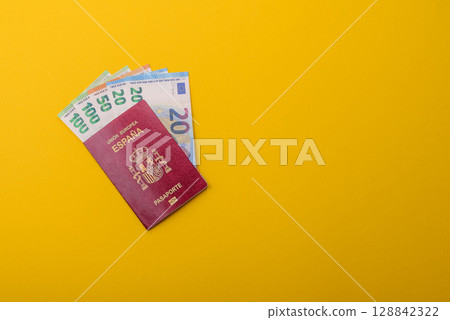 Spain passport for travelling, flying and doing business. Spanish document, id 128842322