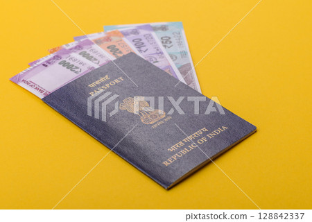 Indian passport for travelling, flying and doing business. India document, id Indian passport for travelling, flying and doing business. India document, id 128842337