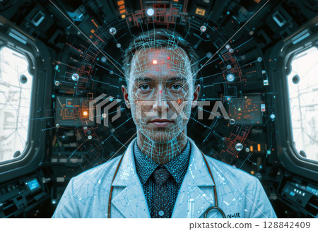 Futuristic Medical Professional with Digital Interface and Neural Network Visualization. 128842409