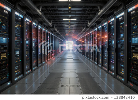 Futuristic Data Center Network with Digital Technology Connections and Servers. 128842410