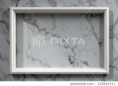 Empty White Frame on Marble Background Showcasing Textures and Minimalist Elegance. 128842411