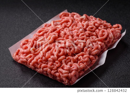 Raw ground beef or pork as an ingredient for burgers. Raw minced meat 128842432