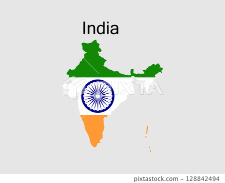Map of India Overlaid with National Flag Colors and Symbol. 128842494