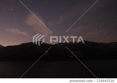 A view of the stars of the Milky Way with a mountain top in the foreground.Perseid Meteor Shower observation A view of the stars of the Milky Way with a mountain top in the foreground.Perseid Meteor Shower observation 128842520