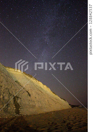 A view of the stars of the Milky Way with a mountain top in the foreground.Perseid Meteor Shower observation A view of the stars of the Milky Way with a mountain top in the foreground.Perseid Meteor Shower observation 128842537