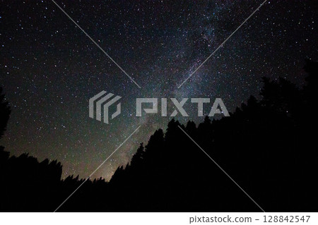 A view of the stars of the Milky Way with a mountain top in the foreground.Perseid Meteor Shower observation A view of the stars of the Milky Way with a mountain top in the foreground.Perseid Meteor Shower observation 128842547