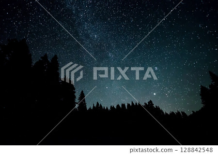 A view of the stars of the Milky Way with a mountain top in the foreground.Perseid Meteor Shower observation A view of the stars of the Milky Way with a mountain top in the foreground.Perseid Meteor Shower observation 128842548