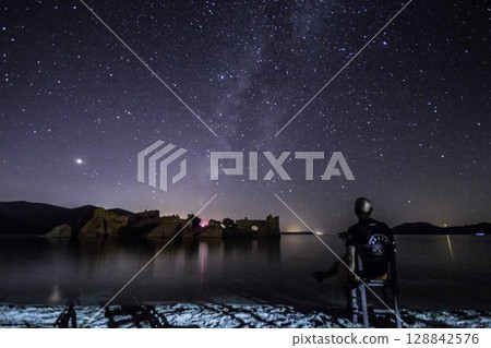 A view of the stars of the Milky Way with a mountain top in the foreground.Perseid Meteor Shower observation A view of the stars of the Milky Way with a mountain top in the foreground.Perseid Meteor Shower observation 128842576