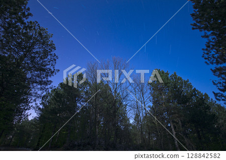 A view of the stars of the Milky Way with a mountain top in the foreground.Perseid Meteor Shower observation A view of the stars of the Milky Way with a mountain top in the foreground.Perseid Meteor Shower observation 128842582