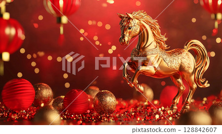 beautiful gold horse symbol of asian chinese new year 2026. 128842607