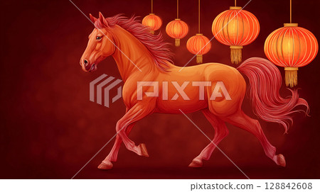 beautiful gold horse symbol of asian chinese new year 2026. 128842608