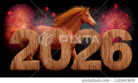 wooden numbers 2026 with chinese new year symbol red horse with fireworks for holiday 128842609