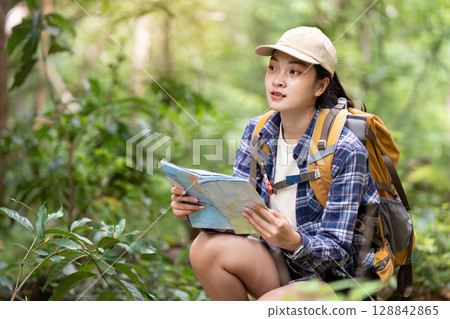 Outdoor Adventure: Young Woman Exploring Nature with Map 128842865